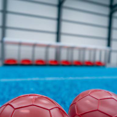 Rote Fußballbälle liegen auf einem blauen Kunstrasen vor einer Tribüne.