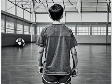 Ein Junge steht mit dem Rücken in einer Sporthalle, ein Fußball liegt im Hintergrund.